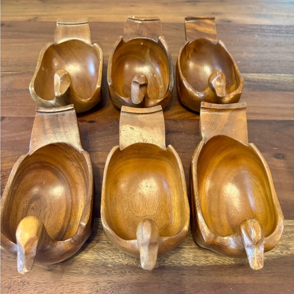 6 Vintage Carved Wooden Duck Bowls Scandinavian Mod Farm Salad Fruit Dessert - Picture 1 of 11